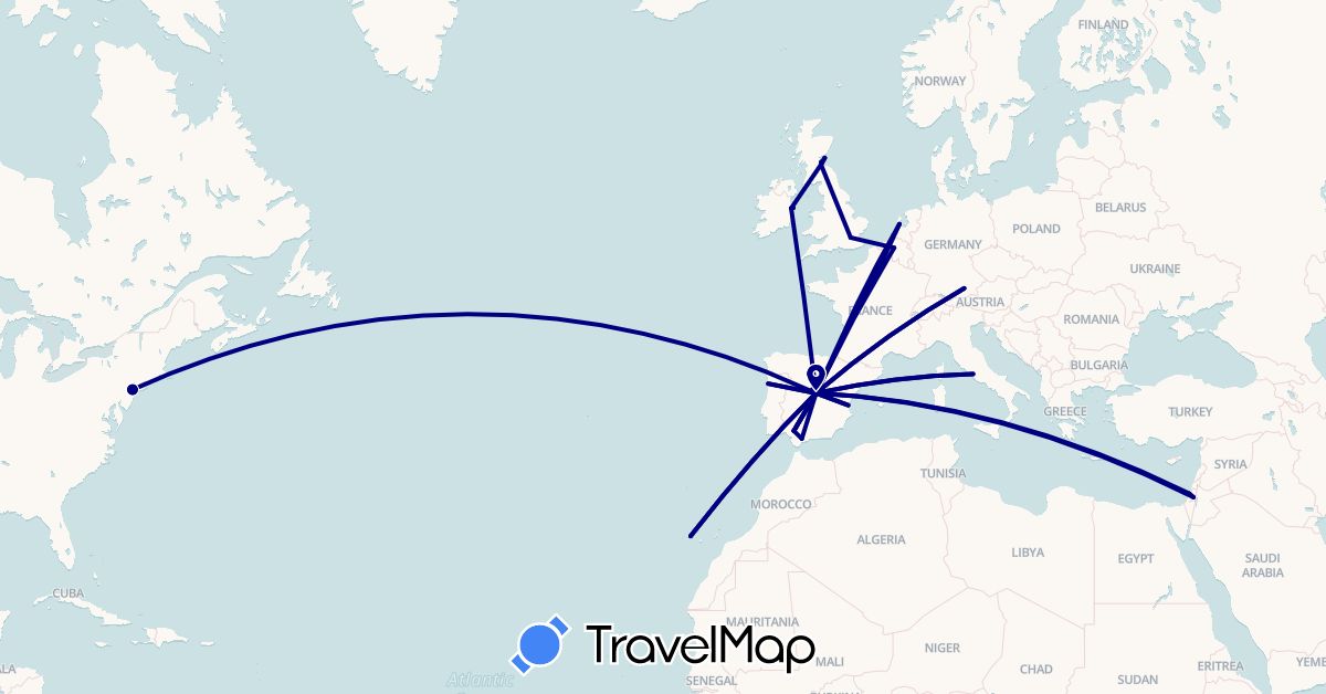 TravelMap itinerary: driving in Belgium, Germany, Spain, France, United Kingdom, Ireland, Israel, Italy, Netherlands, Portugal, United States (Asia, Europe, North America)